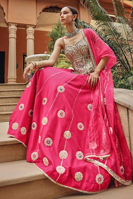 Buy_Ajiesh Oberoi_Silver Silk, Organza Mirrors, Sequins, Beads, Radiance Blouse Skirt Set _Online_at_Aza_Fashions