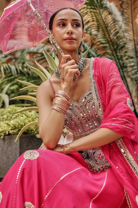 Shop_Ajiesh Oberoi_Silver Silk, Organza Mirrors, Sequins, Beads, Radiance Blouse Skirt Set _Online_at_Aza_Fashions