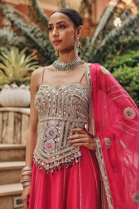 Ajiesh Oberoi_Silver Silk, Organza Mirrors, Sequins, Beads, Radiance Blouse Skirt Set _at_Aza_Fashions