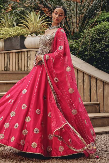 Buy_Ajiesh Oberoi_Silver Silk, Organza Mirrors, Sequins, Beads, Radiance Blouse Skirt Set 