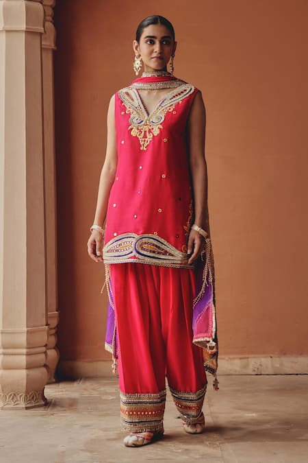 Ajiesh Oberoi Pink Silk, Organza Embroidery, Mirrors, Gota Sitara-e-chamak Kurta Salwar Set 