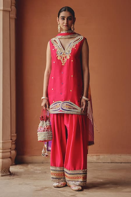 Buy Ajiesh Oberoi Pink Silk, Organza Embroidery, Mirrors, Gota Sitara-e-chamak Kurta Salwar Set Online at Aza Fashions Buy_Ajiesh Oberoi_Pink Silk, Organza Embroidery, Mirrors, Gota Sitara-e-chamak Kurta Salwar Set _Online_at_Aza_Fashions