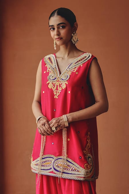 Shop Ajiesh Oberoi Pink Silk, Organza Embroidery, Mirrors, Gota Sitara-e-chamak Kurta Salwar Set Online at Aza Fashions Shop_Ajiesh Oberoi_Pink Silk, Organza Embroidery, Mirrors, Gota Sitara-e-chamak Kurta Salwar Set _Online_at_Aza_Fashions