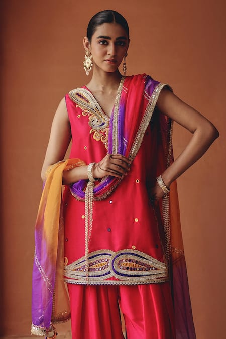 Ajiesh Oberoi Pink Silk, Organza Embroidery, Mirrors, Gota Sitara-e-chamak Kurta Salwar Set at Aza Fashions Ajiesh Oberoi_Pink Silk, Organza Embroidery, Mirrors, Gota Sitara-e-chamak Kurta Salwar Set _at_Aza_Fashions