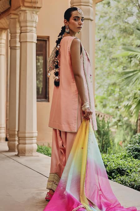 Shop_Ajiesh Oberoi_Peach Organza Embroidery, Mirrors, Tassels, Sunehri Shaam Kurta Salwar Set _at_Aza_Fashions