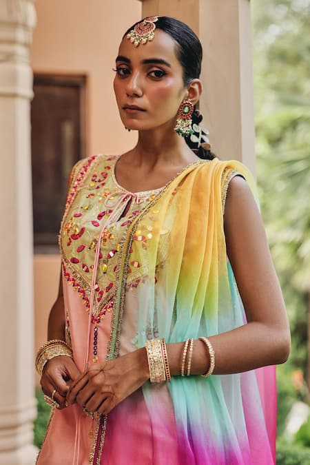 Buy_Ajiesh Oberoi_Peach Organza Embroidery, Mirrors, Tassels, Sunehri Shaam Kurta Salwar Set _Online_at_Aza_Fashions