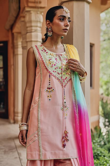 Shop_Ajiesh Oberoi_Peach Organza Embroidery, Mirrors, Tassels, Sunehri Shaam Kurta Salwar Set _Online_at_Aza_Fashions
