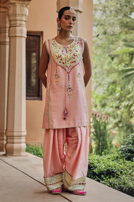 Buy_Ajiesh Oberoi_Peach Organza Embroidery, Mirrors, Tassels, Sunehri Shaam Kurta Salwar Set 