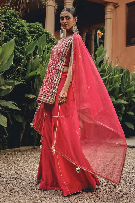 Shop Ajiesh Oberoi Pink Silk, Organza Mirrors, Embroidery, Sunehri Sargam Kurta Gharara Set Online at Aza Fashions Shop_Ajiesh Oberoi_Pink Silk, Organza Mirrors, Embroidery, Sunehri Sargam Kurta Gharara Set _Online_at_Aza_Fashions
