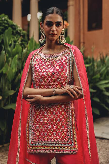 Ajiesh Oberoi Pink Silk, Organza Mirrors, Embroidery, Sunehri Sargam Kurta Gharara Set at Aza Fashions Ajiesh Oberoi_Pink Silk, Organza Mirrors, Embroidery, Sunehri Sargam Kurta Gharara Set _at_Aza_Fashions