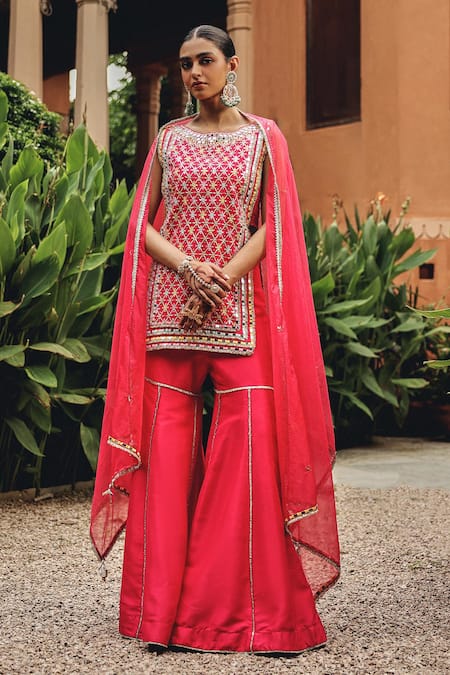 Ajiesh Oberoi Pink Silk, Organza Mirrors, Embroidery, Sunehri Sargam Kurta Gharara Set 
