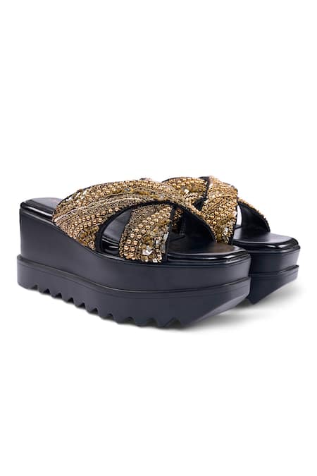 Anaar_Black Beads, Sequins Soleilita Embroidered Wedge Sandals _Online_at_Aza_Fashions
