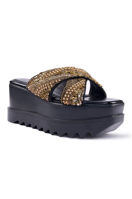 Anaar_Black Beads, Sequins Soleilita Embroidered Wedge Sandals _at_Aza_Fashions