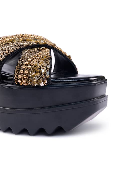 Buy_Anaar_Black Beads, Sequins Soleilita Embroidered Wedge Sandals 
