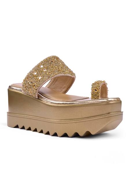Shop Anaar Gold Beads, Sequins, Mirrors Maharani Embroidered Wedges Online at Aza Fashions Shop_Anaar_Gold Beads, Sequins, Mirrors Maharani Embroidered Wedges _Online_at_Aza_Fashions