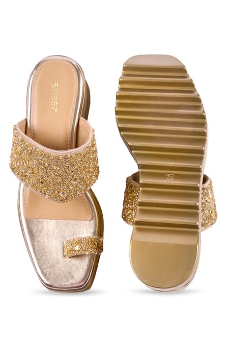 Shop Anaar Gold Beads, Sequins, Mirrors Maharani Embroidered Wedges at Aza Fashions Shop_Anaar_Gold Beads, Sequins, Mirrors Maharani Embroidered Wedges _at_Aza_Fashions