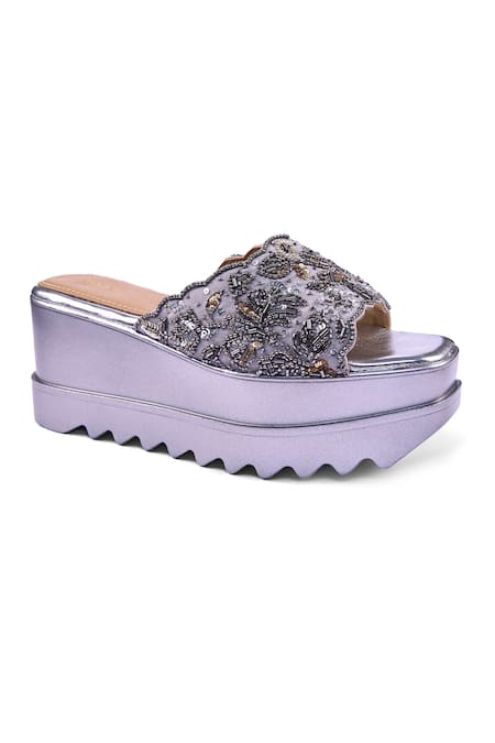 Anaar_Gray Beads, Sequins, Embroidery Bejewelled Barfi Wedges _Online_at_Aza_Fashions