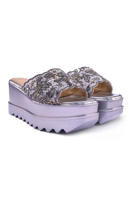 Anaar_Gray Beads, Sequins, Embroidery Bejewelled Barfi Wedges _at_Aza_Fashions