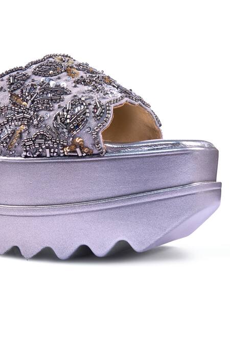 Shop_Anaar_Gray Beads, Sequins, Embroidery Bejewelled Barfi Wedges 
