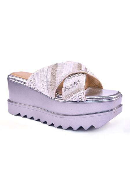 Anaar_Off White Sequins, Beads, Embroidery Silver Lining Wedges _at_Aza_Fashions