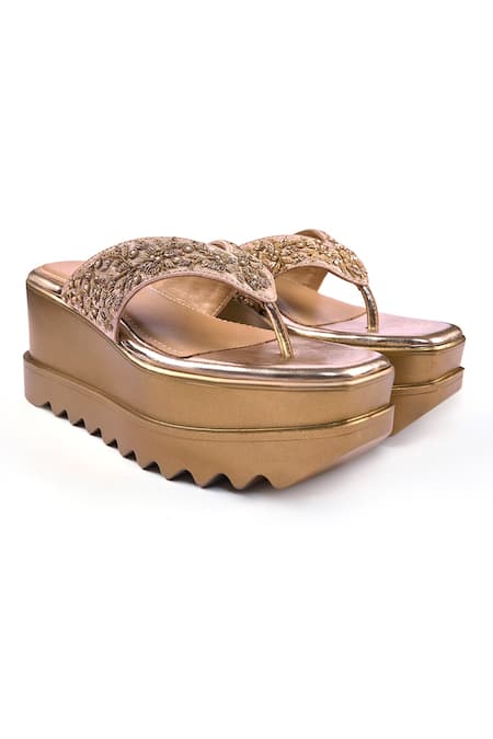 Shop_Anaar_Gold Embroidery, Beads, Pearls Stardom Wedge Sandals _Online_at_Aza_Fashions