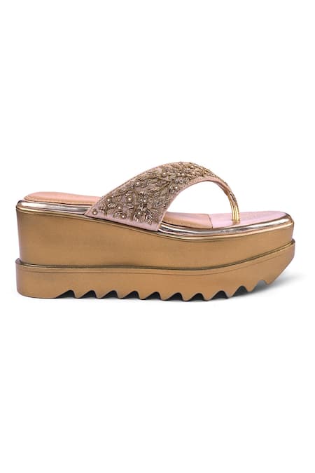Anaar_Gold Embroidery, Beads, Pearls Stardom Wedge Sandals _at_Aza_Fashions