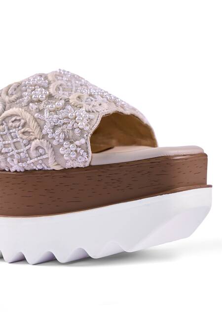 Anaar_Off White Beads, Embroidery Custard Cloud Wedge Sandals _at_Aza_Fashions