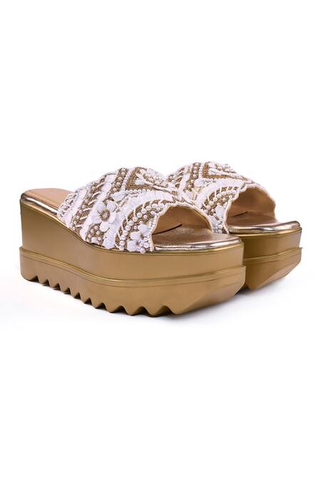 Anaar_Gold Beads, Pearls, Embroidery Maison Lacey Wedge Sandals _Online_at_Aza_Fashions