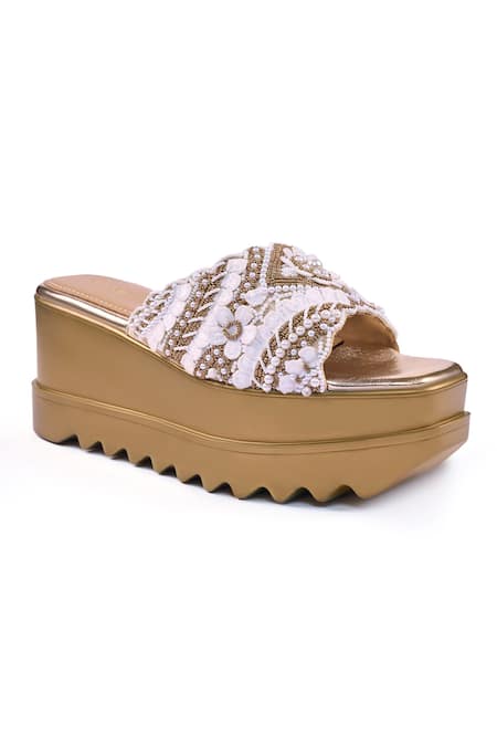 Buy_Anaar_Gold Beads, Pearls, Embroidery Maison Lacey Wedge Sandals _Online_at_Aza_Fashions