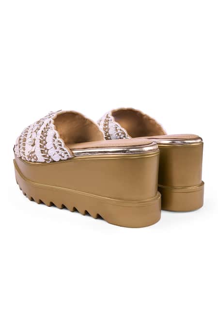 Shop_Anaar_Gold Beads, Pearls, Embroidery Maison Lacey Wedge Sandals _Online_at_Aza_Fashions