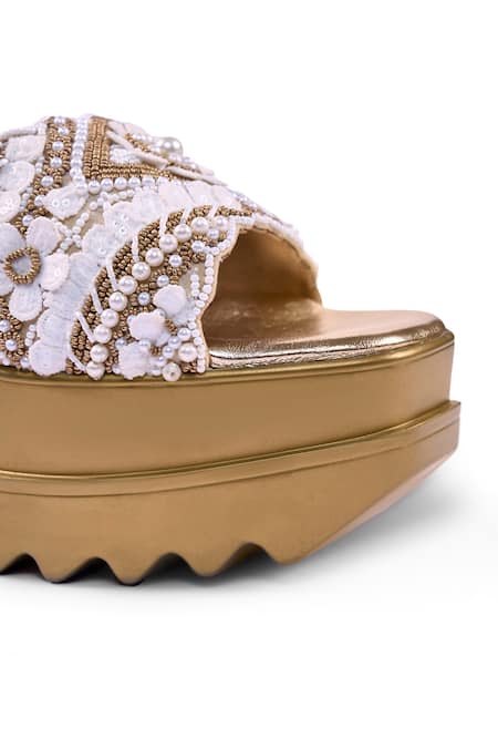 Buy_Anaar_Gold Beads, Pearls, Embroidery Maison Lacey Wedge Sandals 