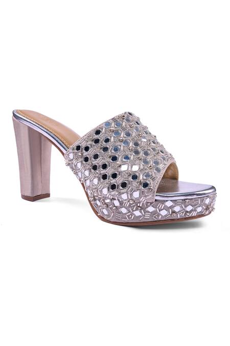 Shop_Anaar_Silver Mirrors, Beads Sheesh Mahal Platform Heels _Online_at_Aza_Fashions