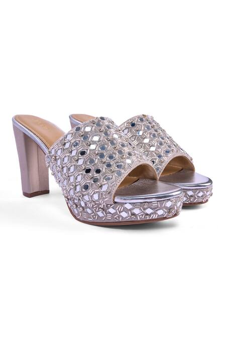 Anaar_Silver Mirrors, Beads Sheesh Mahal Platform Heels _at_Aza_Fashions
