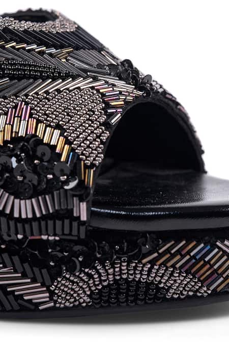 Buy_Anaar_Black Beads, Sequins Phoenix Platform Heels 