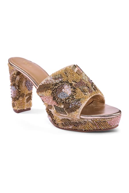 Shop_Anaar_Gold Beads, Sequins, Stones Dripping Drama Platform Heels _Online_at_Aza_Fashions