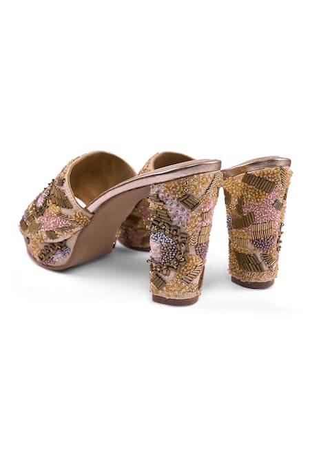 Anaar_Gold Beads, Sequins, Stones Dripping Drama Platform Heels _at_Aza_Fashions
