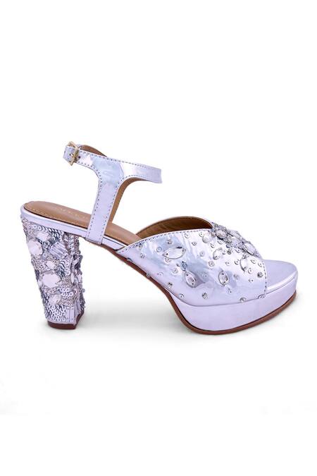 Anaar_Silver Sequins, Crystals Mirrorball Platform Heels _Online_at_Aza_Fashions