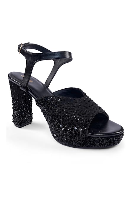 Anaar_Black Sequins, Beads Tie Platform Heels _Online_at_Aza_Fashions
