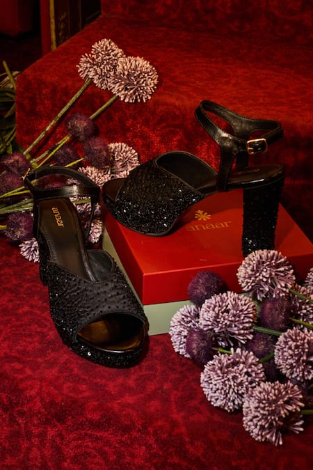Anaar Black Sequins, Beads Tie Platform Heels 