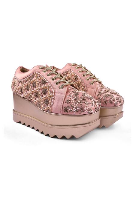 Shop Anaar Pink Jhoomar Wedge Embroidered Sneakers Online at Aza Fashions Shop_Anaar_Pink Jhoomar Wedge Embroidered Sneakers _Online_at_Aza_Fashions