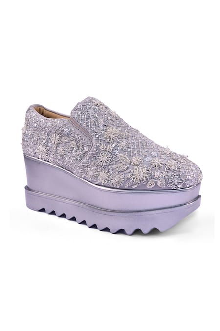 Shop_Anaar_Silver Mehfil Wedge Embroidered Sneakers _Online_at_Aza_Fashions