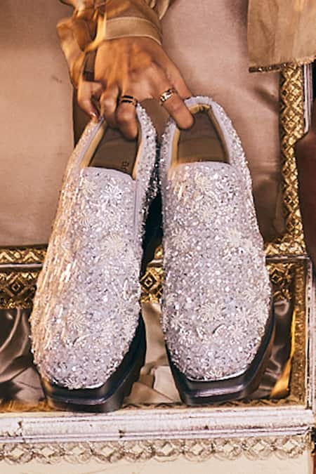 Anaar Silver Mehfil Wedge Embroidered Sneakers 