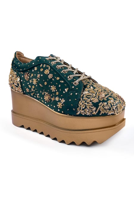 Buy_Anaar_Green Pathaka Wedge Embroidered Sneakers _Online_at_Aza_Fashions