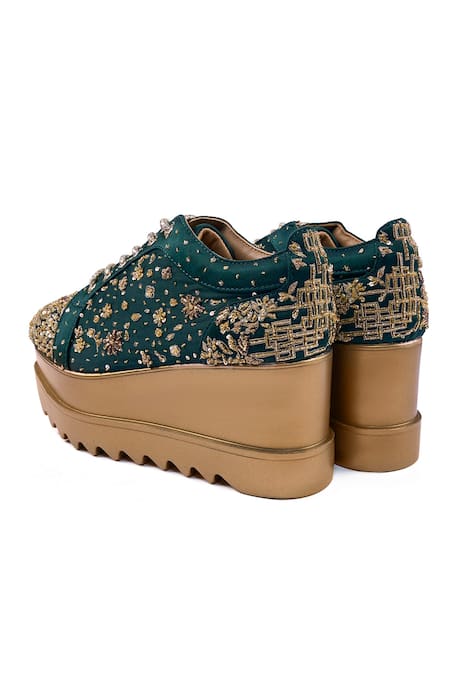 Shop_Anaar_Green Pathaka Wedge Embroidered Sneakers _Online_at_Aza_Fashions