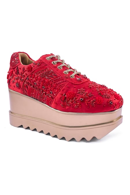 Buy_Anaar_Red Mirchi Lights Wedge Embroidered Sneakers _Online_at_Aza_Fashions