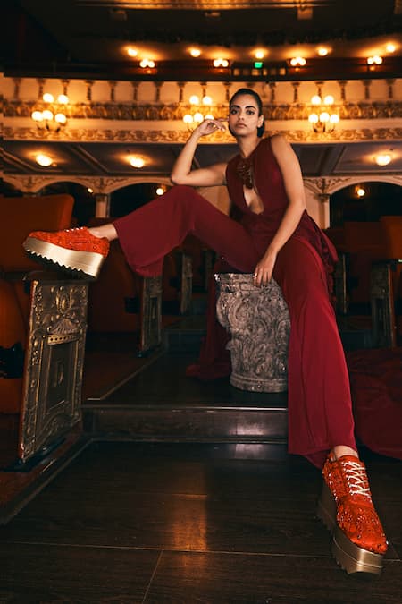 Shop_Anaar_Red Mirchi Lights Wedge Embroidered Sneakers 