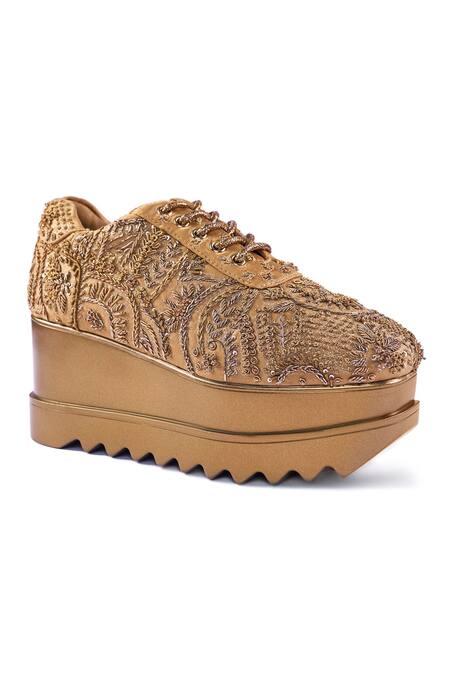 Anaar_Gold Khazana Wedge Embroidered Sneakers _Online_at_Aza_Fashions