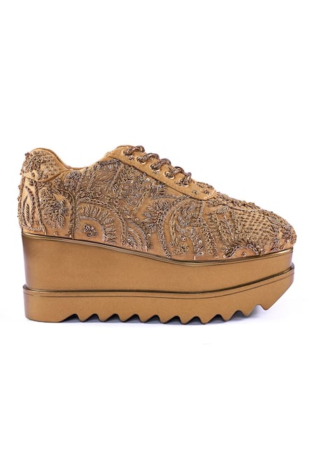 Buy_Anaar_Gold Khazana Wedge Embroidered Sneakers _Online_at_Aza_Fashions
