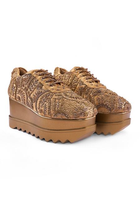 Shop_Anaar_Gold Khazana Wedge Embroidered Sneakers _Online_at_Aza_Fashions