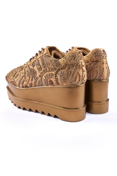 Anaar_Gold Khazana Wedge Embroidered Sneakers _at_Aza_Fashions
